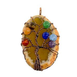 Oval Wire Wrapped Tree Of Life Chakra Natural Gemstone Pendant